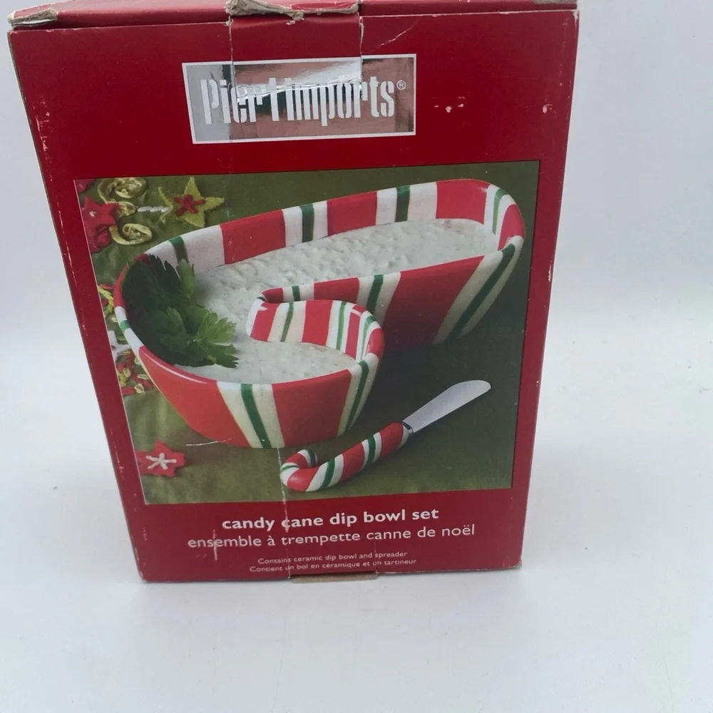 Pier 1 Imports Candy Cane Dip Bowl And Spreader Set ceramic New Open Box
